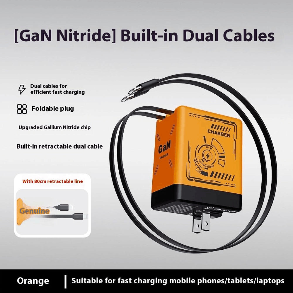 2-in-1 GaN Compatible with Fast Charger, GaN Charger Fast Charging, Retractable Phone Chargers Wall Plug with Type-C Cables