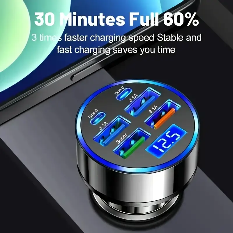 6-in-1 Fast Car Charger USB 3.0 3.1A Multi Port Adapter Phone Chargers for iphone Samusng Usb C Pd Car Charger