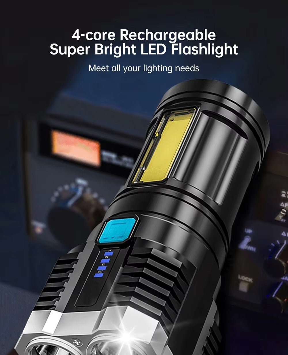 RTS Hot Sale 4LED Rechargeable Flashlight With COB Light Long-range Spotlight Battery LED Display for Outdoor Plastic Lamp