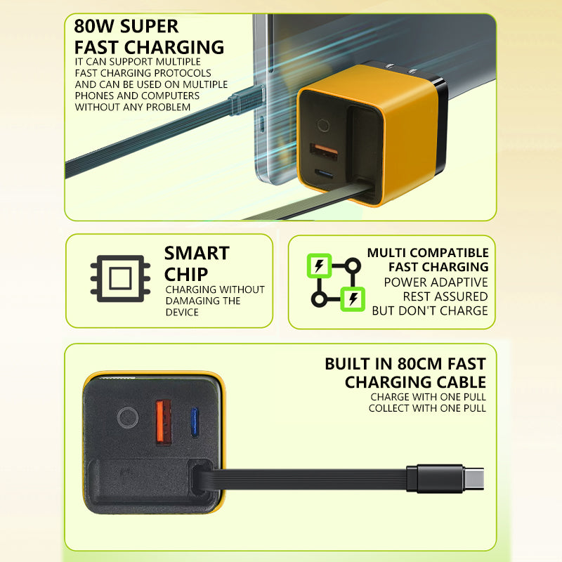 3 in 1 Charger 80w Max Fast Charger Module with Type c Cable USB Ports 80 Watt Retractable Phone Charger for iphone Laptops