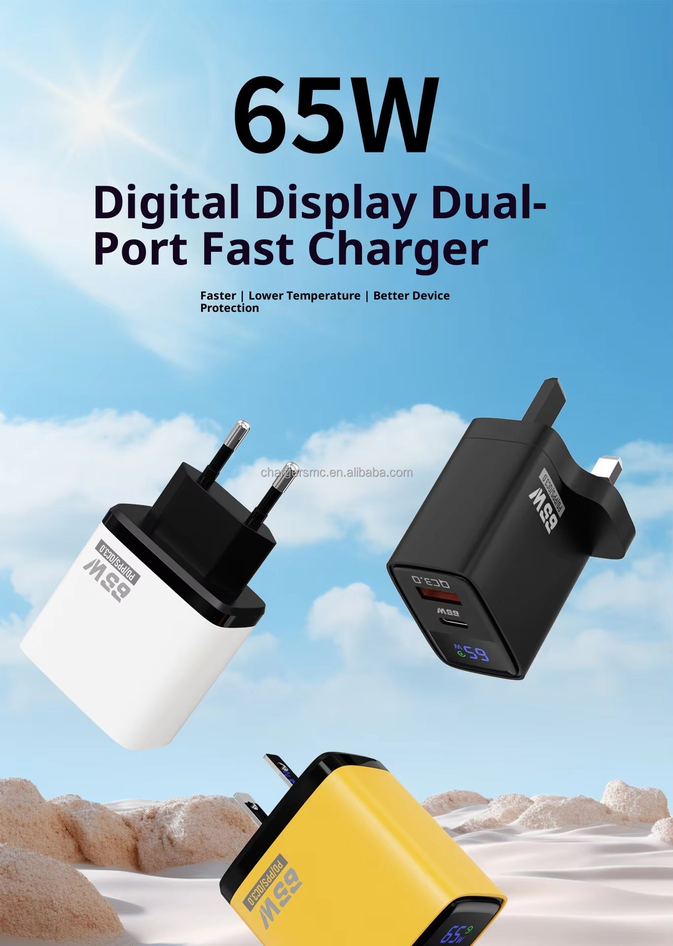 65W Intelligent Digital Display Charger C Multi-port Type-C QC3.0 Fast Charging PC+ABS Material Universal USB Charger Adapter
